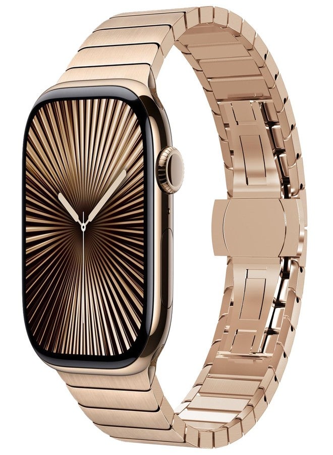 سوار وينجل من الفولاذ المقاوم للصدأ لساعات أبل سيريز 11 و10 (46 مم) وألترا 3/2/1 (49 مم) و45 مم و44 مم و42 مم وSE 3/2/1 وسيريز 9 و8 و7 و6 و5 و4 و3 و2 و1. سوار أنيق للرجال، مناسب للأعمال، مصنوع من المعدن، أصلي، ذهبي اللون. - Image 1